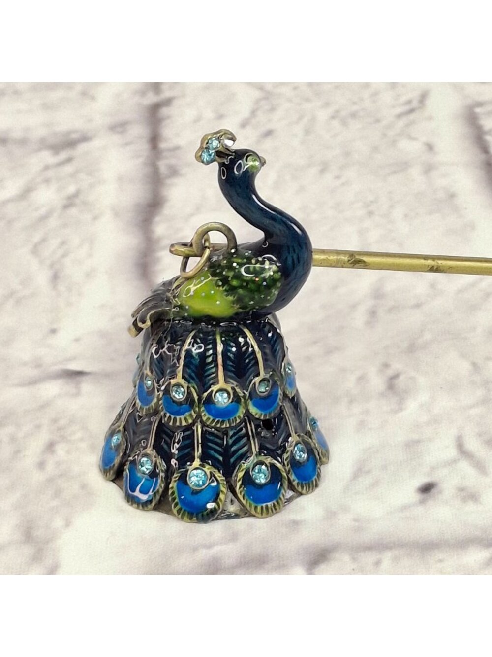 Vintage Cloisonne Brass Enamel Peacock Candle Snuffer 1980s Blue Turquoise